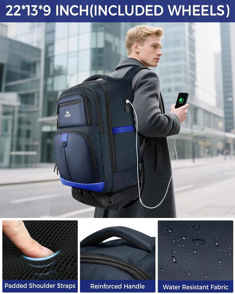 Person using Four Wheel Rolling Backpack With USB Charging Port And Water Resistant 17 Inch Laptop Roller Bag in urban setting