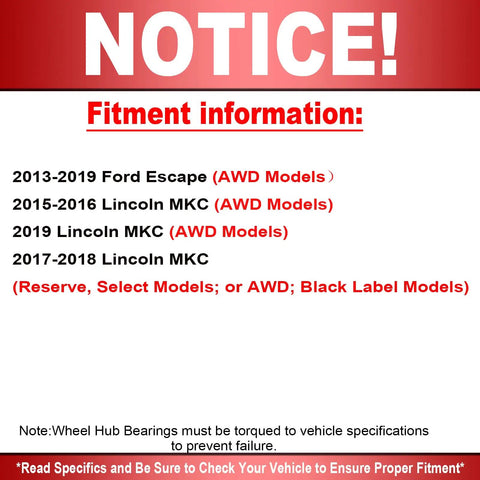 Fitment information notice for Rear Wheel Bearing And Hub Assembly with 5 Lug And ABS for Ford Escape and Lincoln MKC AWD models.