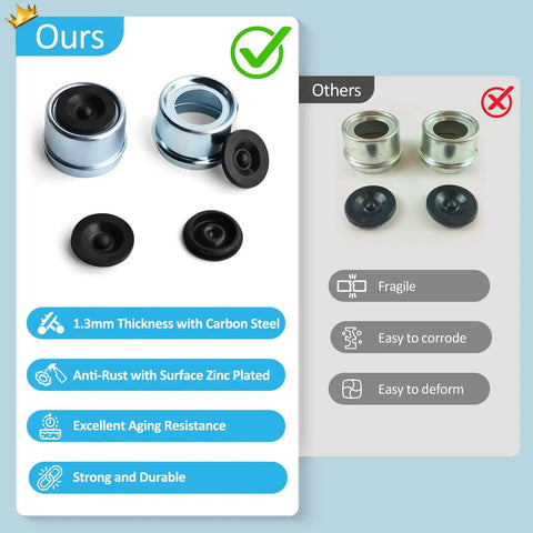 Trailer Bearing Dust Cap 1.98 Inch Grease Cover With Extra 2 Rubber Plugs For 2000 To 3500 Lb Trailer Axles EZ Lube And Standard Hub Compatibility Bearing Center Replacement Cap For 4 Lug And 5 Lug Systems, featuring carbon steel design and included rubber plugs, anti-rust zinc plating, and durability comparison