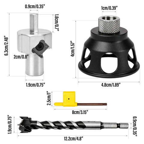 No-Nonsense 19mm Dog Hole Chamfer Reamer Bit For Three-Quarters Inch Holes, 4-piece woodworking kit with dimensions