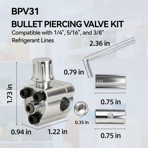 BPV31 Bullet Piercing Valve Kit, 4-pack for 1/4, 5/16, 3/8 in refrigerant lines; chrome valve body with L-wrench and fittings
