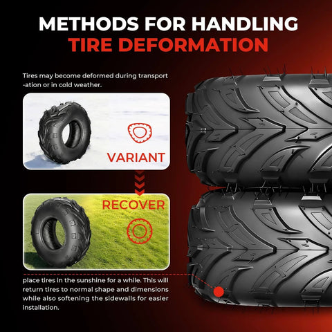 Image showing All Terrain Mud ATV UTV Tires 16x8-7 set of 2 with methods for handling tire deformation, including a side view of the tires.