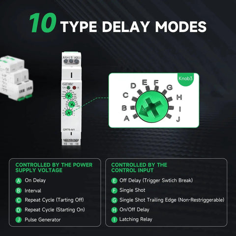 10A Multifunction Delay Time Relay With 10 Time Functions, AC DC 24V 240V, control dial for timing modes