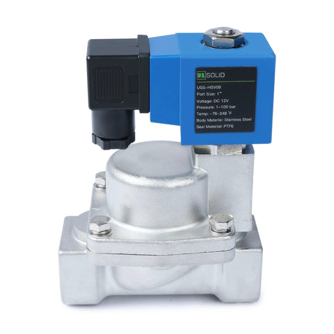 Solenoid valve, 1-inch port, stainless steel body, blue actuator, 12V DC