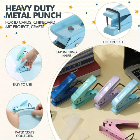 Six Color Single Hole Puncher Pack In One Quarter Inch Metal Handheld, Go-To Heavy Duty Tool With 15 Sheet Capacity displayed on desk