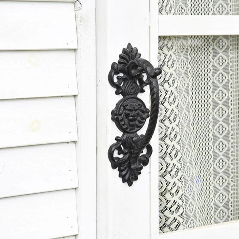 Solid Cast Iron Gate Handles Set 2 Pack Heavy Duty 8.7 Inch Long Barn Door Pulls for Fence Gate on a white door with lace panel.