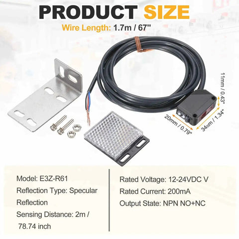 Photoelectric Sensor Kit 12-24V DC Pro Grade Specular Reflection Detects Objects With 2M Range NPN NO NC Outputs 3 Line
