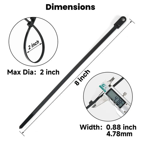 Beefy Heavy Duty Zip Ties With Screw Hole For Mounting 75 Lb Tensile Strength Seven And A Half Inch Indoor Outdoor Nylon Cable Ties