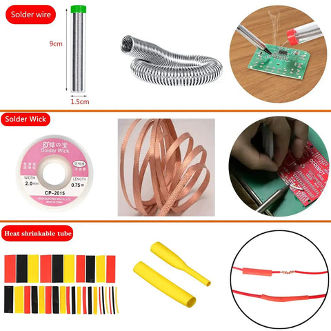 All In One Soldering Gear Kit with solder wire, solder wick, and heat shrink tubing for DIY electronics projects