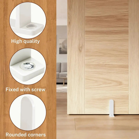 4 Pack Sliding Closet Door Floor Guides Universal White ABS Track Guides With Screws installed on cabinet floor with close-up