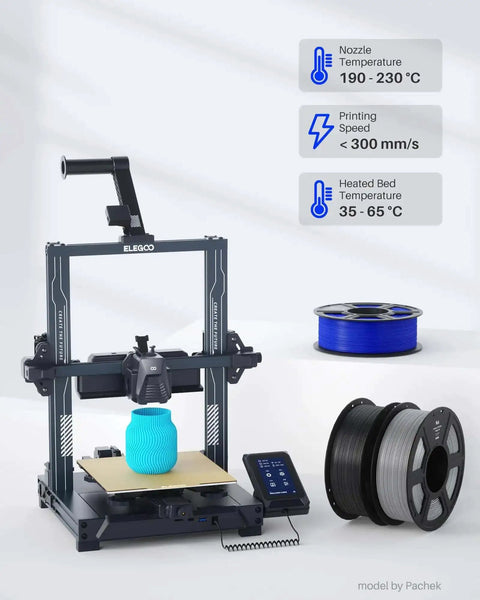 3D printer with spools; blue model on print bed with temperature and speed guidelines displayed.