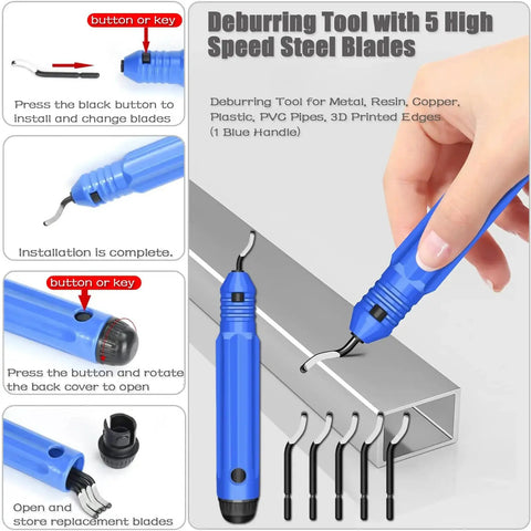 Blue deburring tool with 5 steel blades for metal, resin, and PVC pipes, showing handle and blade installation process.
