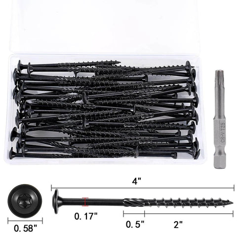 Heavy Duty Exterior Wood Screws No 14 X 4 Inch, 50 Piece Set with T30 Torx Bit, displayed in clear container