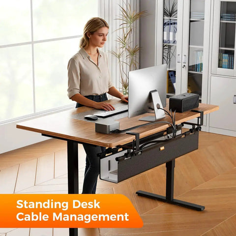 38 Inch Under Desk Cable Management Tray With Clamp And Screw Mount No Drill Setup installed under standing desk