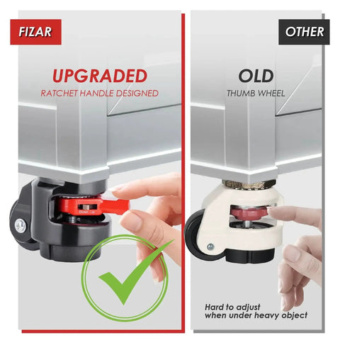 Comparison of Heavy Duty Leveling Casters for Workbenches with upgraded ergonomic ratchet handle and old thumb wheel design.