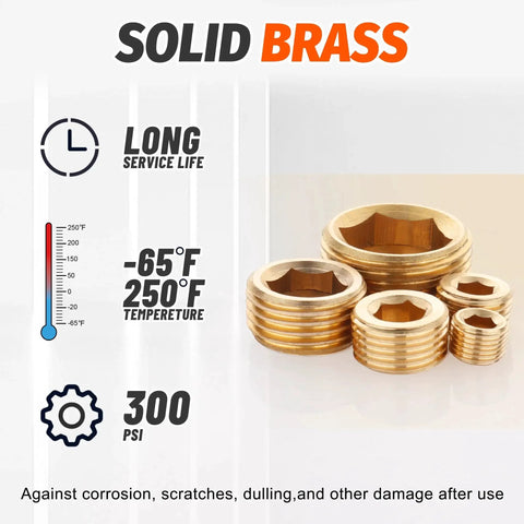 Brass Pipe Plug Assortment Kit with four NPT sizes showing durability metrics and internal hex fittings.