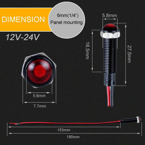 5 Pack 6mm LED Indicator Lights Black Plastic Signal Dots 12V To 24V With 1 Quarter Inch Mounting Hole And 15 Cm Wire Length Mixed Colors
