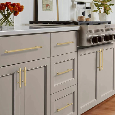 Champagne Bronze Cabinet Pulls 10 Pack 5 Inch Center To Center Knurled Kitchen Cabinet Handles installed on beige cabinetry