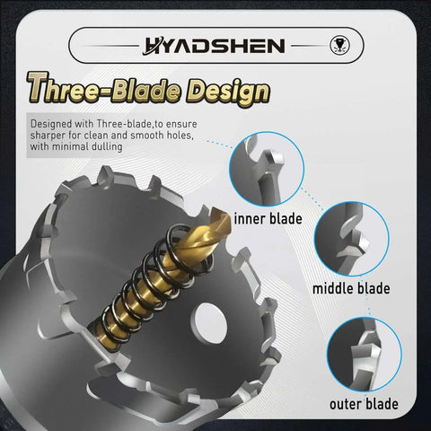 Beast Pro Grade Tungsten Carbide Hole Saw Kit Set In Durable Case 17 Pieces Heavy Duty three-blade design, close-up view