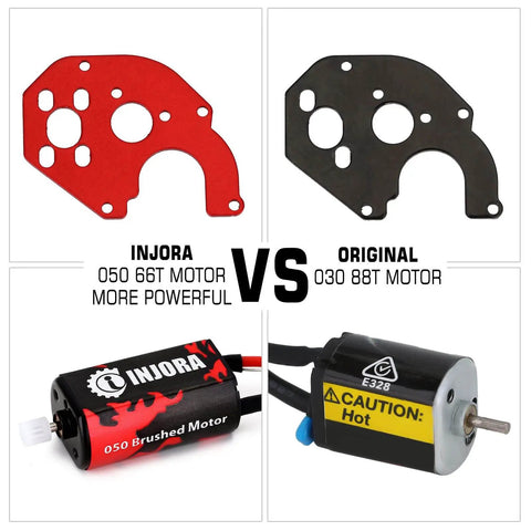 Comparison of Injora 050 66T brushed RC motor with metal mount and original 030 88T motor for Axial SCX24 crawler upgrade kit.