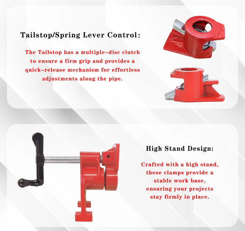 HimaPro 4-pack 3/4 inch H-style pipe clamps, red metal with tailstop/spring lever control and high-stand base