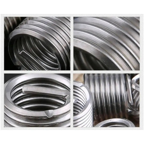 Close-up of 50 Piece Metric Helicoil Kit M10 X 1.5 X 2.5D Wire Thread Insert Sleeve Bushing made of stainless steel for repairs