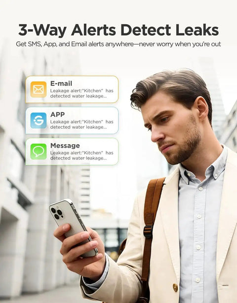 Man receiving alerts on phone from Upgraded Smart Water Leak Detector With 4.92 Ft Cable, WiFi Sensor That Sends SMS, Email And App Alerts.