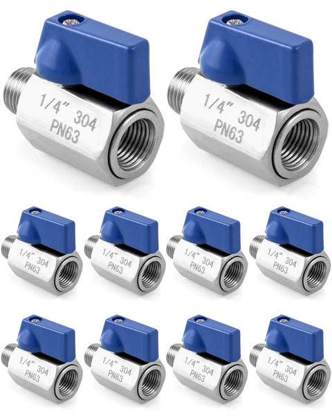QWORK 10-pack mini ball valves, 1/4 in NPT, stainless steel 304, blue lever, male and female threaded ends, shut-off valves