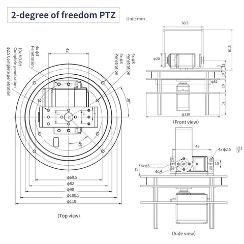 Technical diagram of Dope 2-DOF Pan Tilt Servo Kit For DIY Robots And Cameras Aluminum Alloy Gimbal, showing dimensions and design.