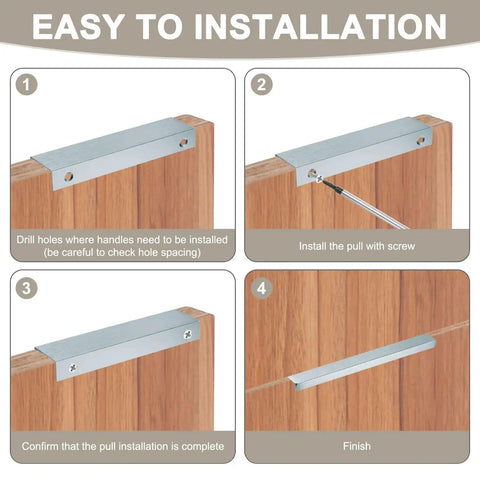 Installation guide for Six-Pack Aluminum Drawer Edge Pulls 3.15 Inch Concealed Tab Handles in Brushed Grey for furniture.