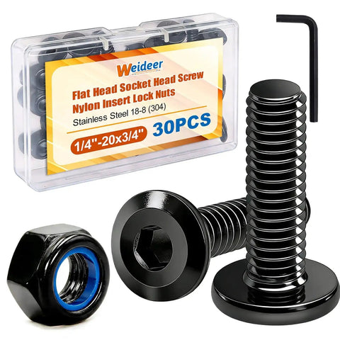 304 Stainless Steel Nuts and Bolts Kit One Quarter Inch by Twenty Threads Three Quarter Inch Long Flat Head Hex Socket Cap Furniture Screws with Nylon Insert Lock Nuts and Hex Wrench 30 Pieces displayed in a package.