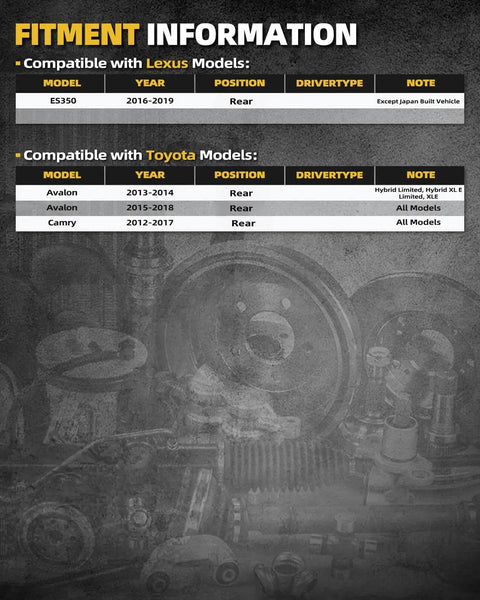 Fitment information for Rear Wheel Bearing And Hub Assembly Set For 2012 To 2017 Toyota Camry, 2013 To 2018 Avalon, And 2016 To 2019 Lexus ES350, AWD