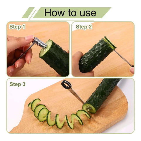 Steps to use the Vegetable Spiral Cutter Set With Crinkle Fry Cutter Waffle Slicer Knife And Peeler Stainless Steel Kitchen Gadgets for slicing cucumber spirals.