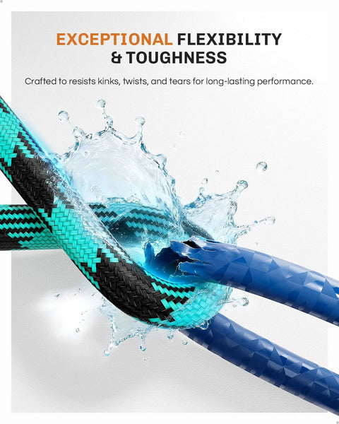 WELLUCK 50 ft garden hose with turquoise-black braided cover and blue flexible hose splashing water.