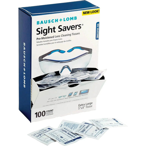 Lens Cleaning Wipes 100 Count Premoistened Glass Plastic Anti Fog Anti Static with blue and white packaging open and wipes visible