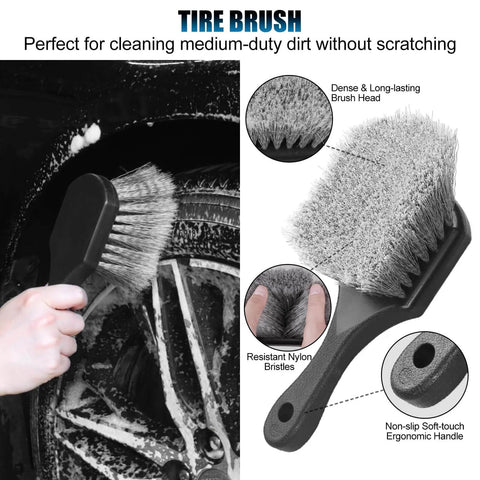 Tire brush from All In One Pro Grade Wheel And Tire Detailing Kit with ergonomic handle shown cleaning wheel and tire