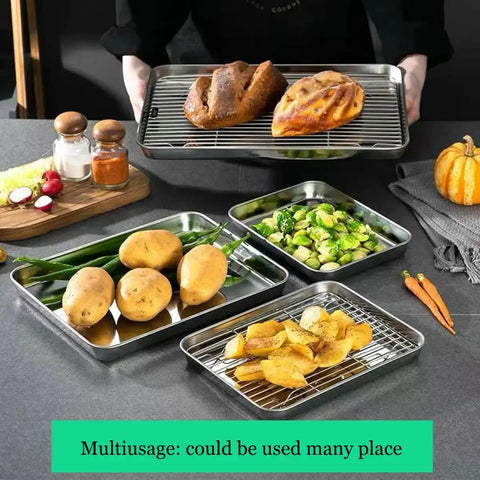 Small Stainless Steel Serving Trays With Cooling Wire Racks Set 304 Grade, Mini Baking Pans with vegetables and bread