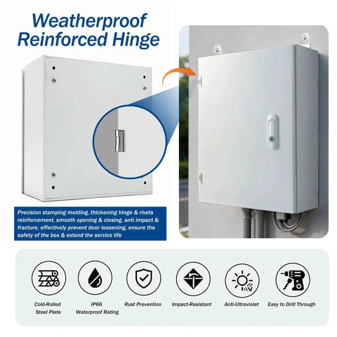 Weatherproof Steel Outdoor Junction Box With Locking Hasp IP66 Dustproof And Waterproof Enclosure 16 By 12 By 8 Inches