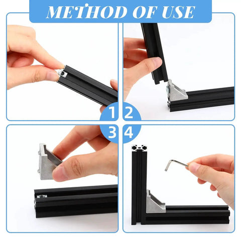 Installation steps using 50 Piece Aluminum Profile Connector Kit For 6mm Slot Extrusions White Corner Brackets With 100 M5 T Nuts