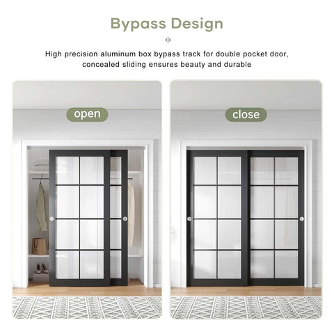 Bypass Pocket Door Hardware Kit 6 Foot 72 Inch Double Sliding System with aluminum track, open and closed view in closet.
