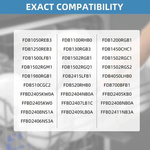 Dishwasher door seal compatibility chart showing model codes on a white card.