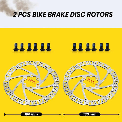 Front view: two 180mm silver bicycle disc rotors with mounting bolts for e-bike hydraulic brake kit