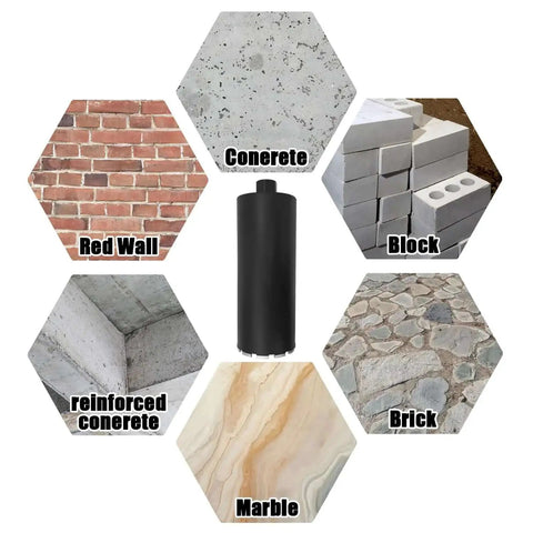 Heavy Duty Diamond Core Drill Bit For Concrete And Masonry, Four Inch Size With One Quarter To Seven Inch Thread, surrounded by masonry materials.