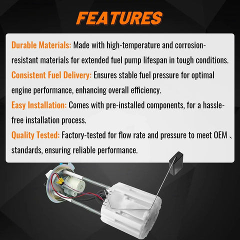 Features of Electric Fuel Pump Module Assembly for Chevrolet Silverado 1500 and GMC Sierra 1500, 2014 to 2018 4.3L V6, 5.3L V8, 6.2L V8
