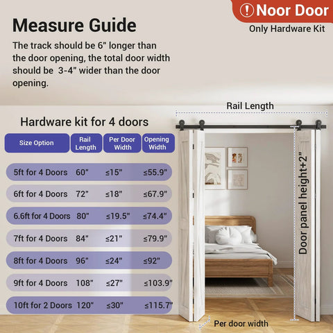 Bi Folding Sliding Barn Door Hardware Kit For Four Doors With Top Mount Track In Black Finish, installation guide for size options, measures.