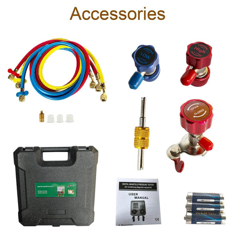Professional Digital HVAC Manifold Gauge Set Vanlison With Dual Pressure Testing Vacuum Analysis accessories including hoses, valves, and case