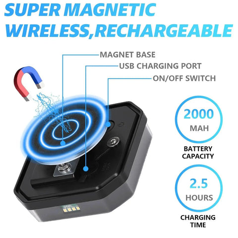 Front view of Amazon TWWFKK wireless magnetic trailer light on magnet base with USB charging port, on/off switch, 2000mAh battery