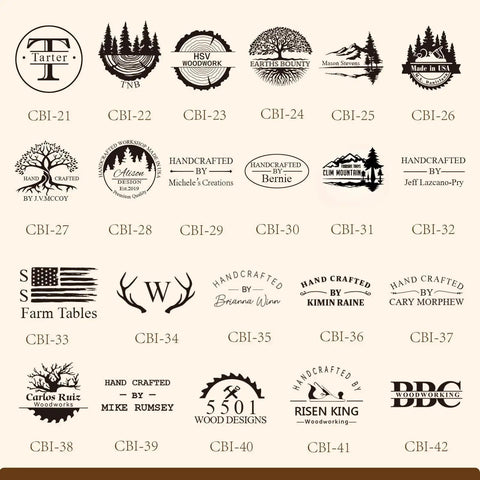 Personalized Branding Iron For Wood And Leather With Stand Electric Logo Stamp Kit Create Your Text Or Logo On Wood Leather Metal And Meat Easy Customization For Home Woodworking Gifts with various logo designs visible.
