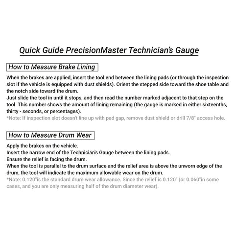 Instruction manual for using the PrecisionMaster Technician's Gauge for measuring brake lining and drum wear.