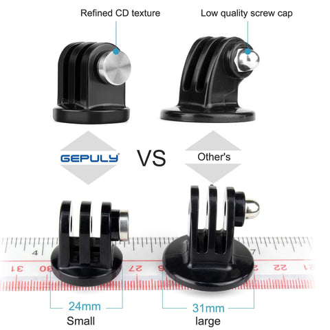Comparison of black 24mm and 31mm mini tripod mount adapters with screw caps on ruler, Six Pack Anti Rust 316 Stainless Steel Mini Tripod Mount Adapters.